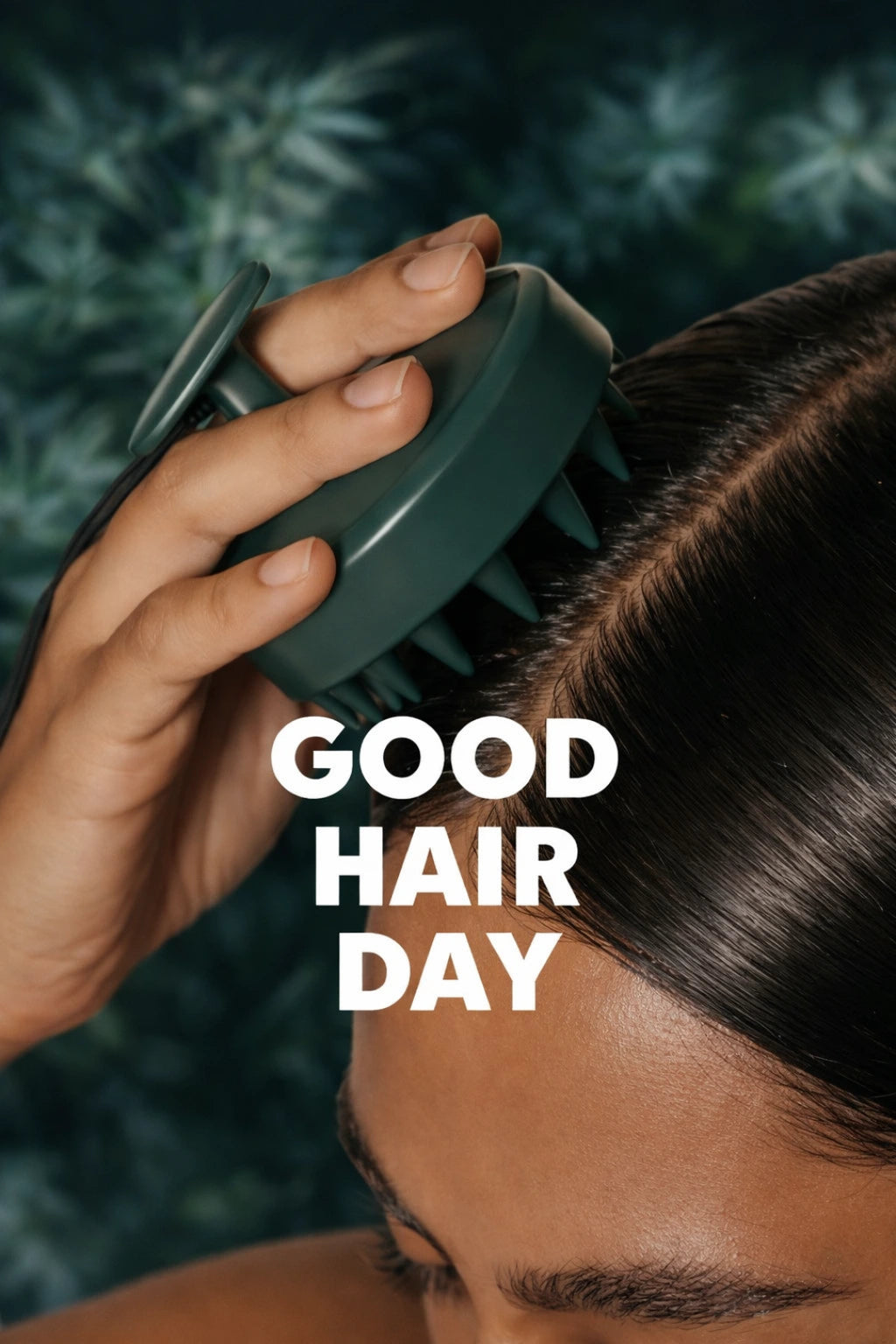 Person using a green hairbrush on their hair with 'Good Hair Day' text.