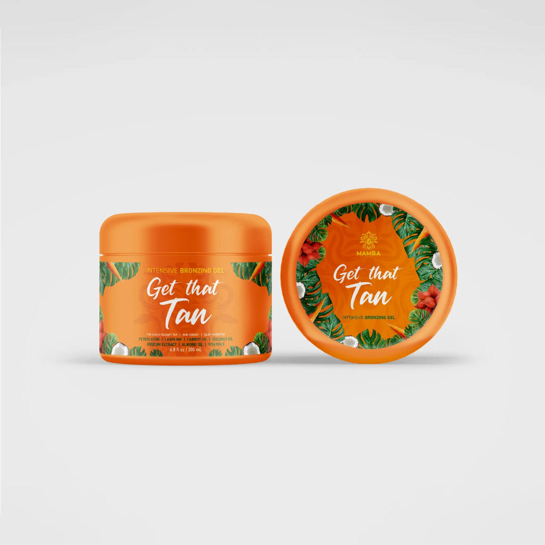 Two orange jars with 'Get that Tan' text on a light gray background