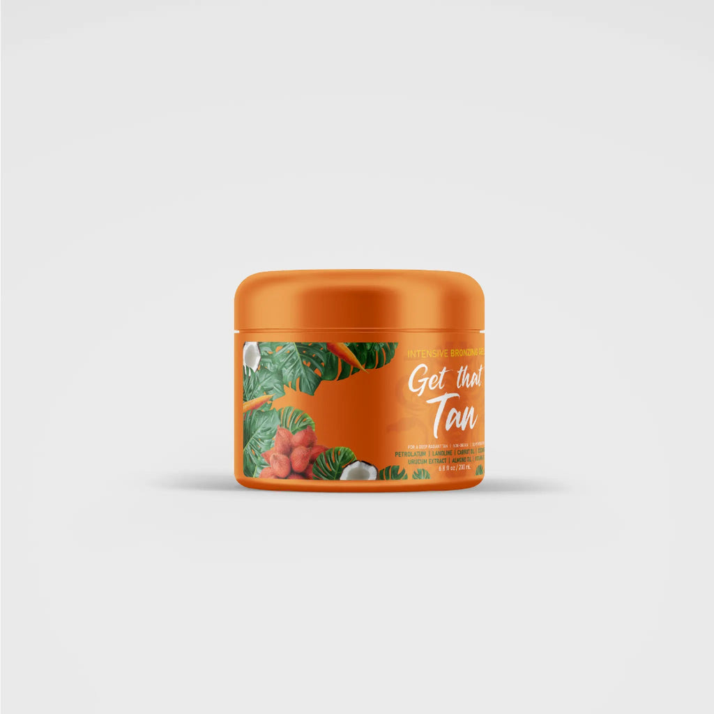 Orange jar with tropical leaf design and text on a light gray background