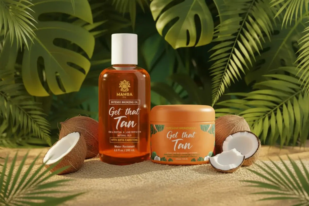 tanning oil bottle and jar with coconuts and green leaves on a wooden surface