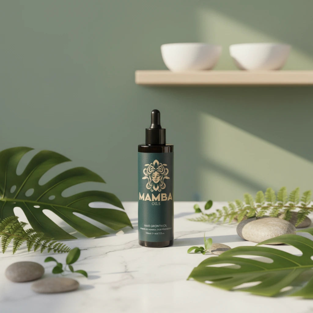 Mamba Oils bottle on a table with green leaves and stones in the background