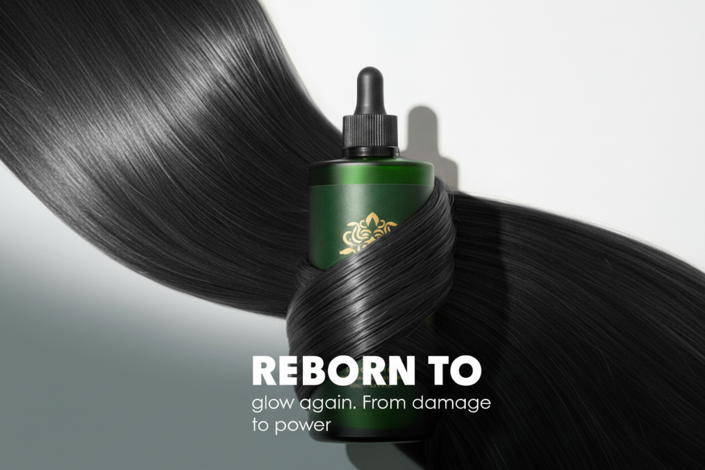 Hair care product with text 'Reborn to glow again, From damage to power' on a white background