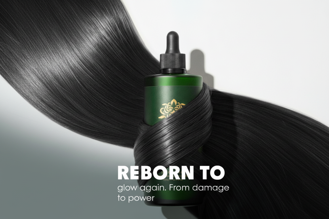 Hair care product with text 'Reborn to glow again, From damage to power' on a white background